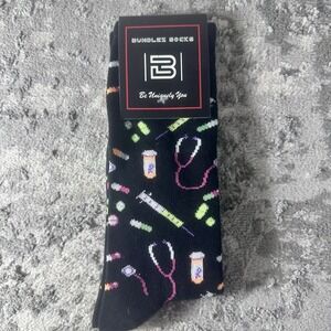 Bundlez Socks Medical Nurse Doctor Theme Crew Socks Black Adult Size NWT